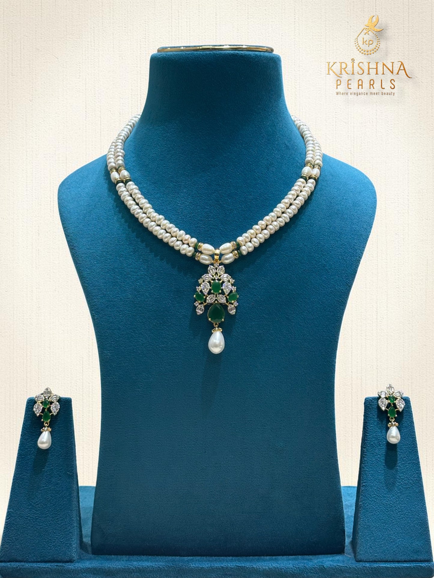 Authentic Pearls Two Layers Emerald Studded Necklace Set