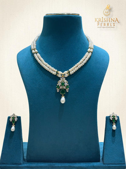 Authentic Pearls Two Layers Emerald Studded Necklace Set
