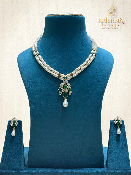 Authentic Pearls Two Layers Emerald Studded Necklace Set