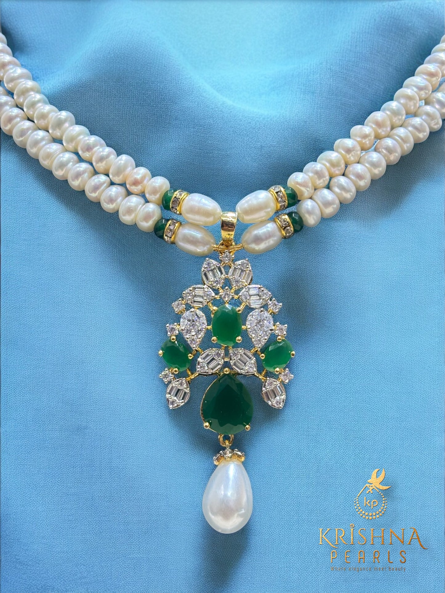 Authentic Pearls Two Layers Emerald Studded Necklace Set