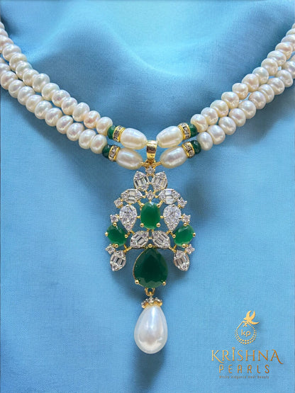 Authentic Pearls Two Layers Emerald Studded Necklace Set