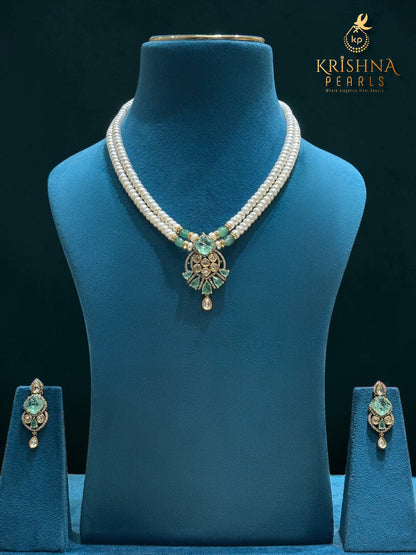 Authentic Pearls With Blue Quartz & Moissanite Studded Necklace Set