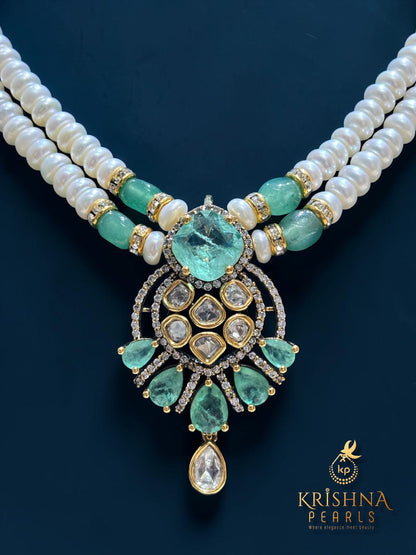 Authentic Pearls With Blue Quartz & Moissanite Studded Necklace Set