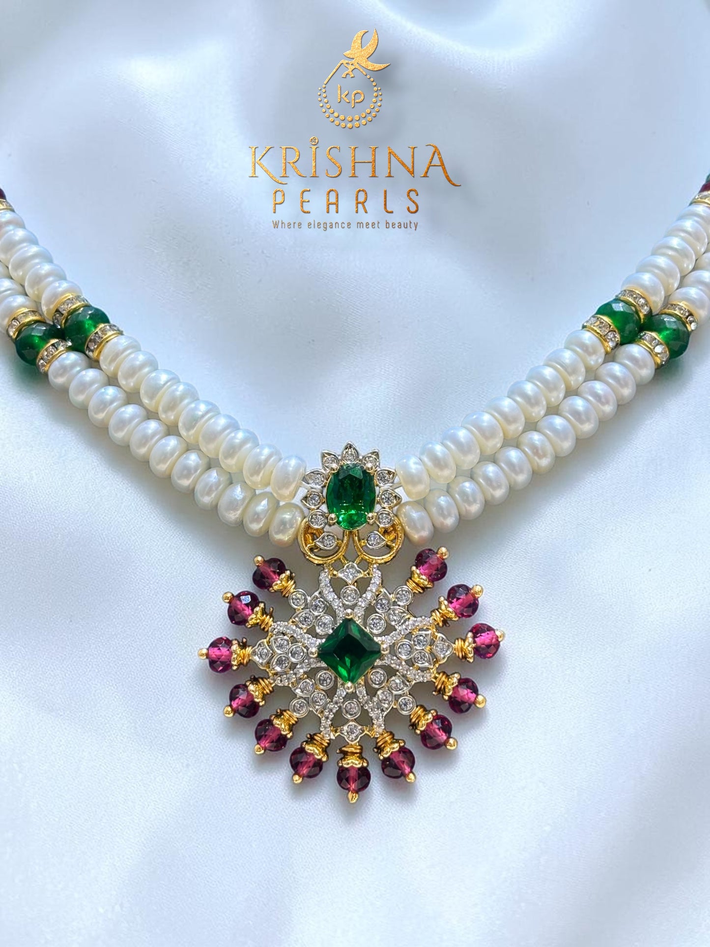 Natural Pearls Set with Ruby Emerald Studded Locket