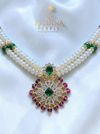 Natural Pearls Set with Ruby Emerald Studded Locket