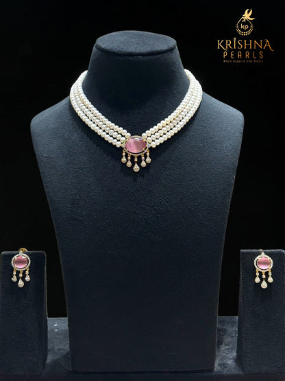 Authentic Pearls With Rose Quartz Studded Necklace Set