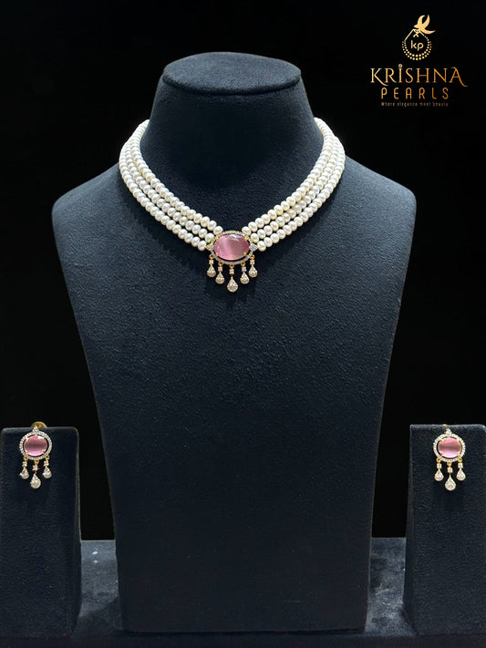 Authentic Pearls With Rose Quartz Studded Necklace Set