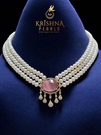 Authentic Pearls With Rose Quartz Studded Necklace Set