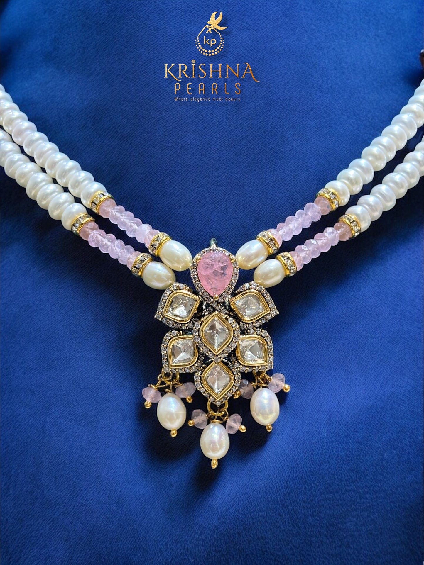 Authentic Pearls With Rose Quartz & Moissanite Studded Necklace Set