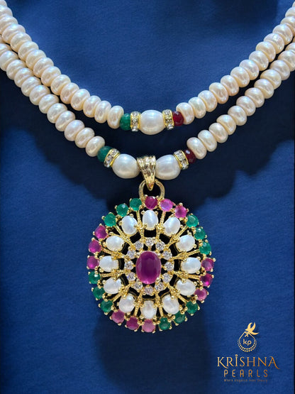 Beautiful Ruby & Emerald Studded Pearls Necklace Set