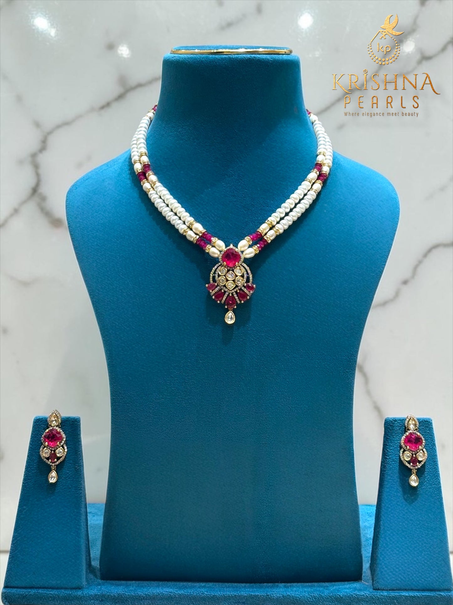 Authentic Pearls With Ruby & Moissanite Studded Necklace Set
