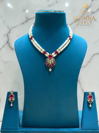 Authentic Pearls With Ruby & Moissanite Studded Necklace Set