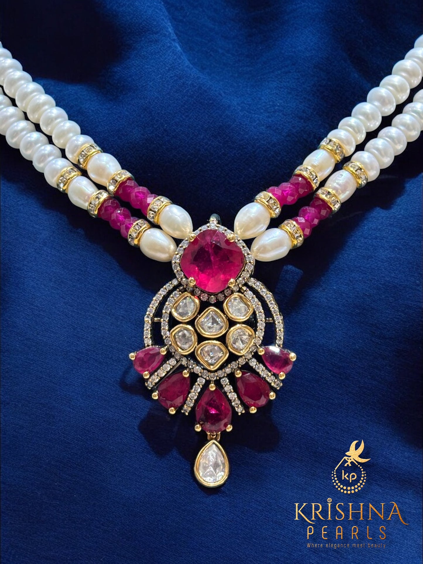 Authentic Pearls With Ruby & Moissanite Studded Necklace Set