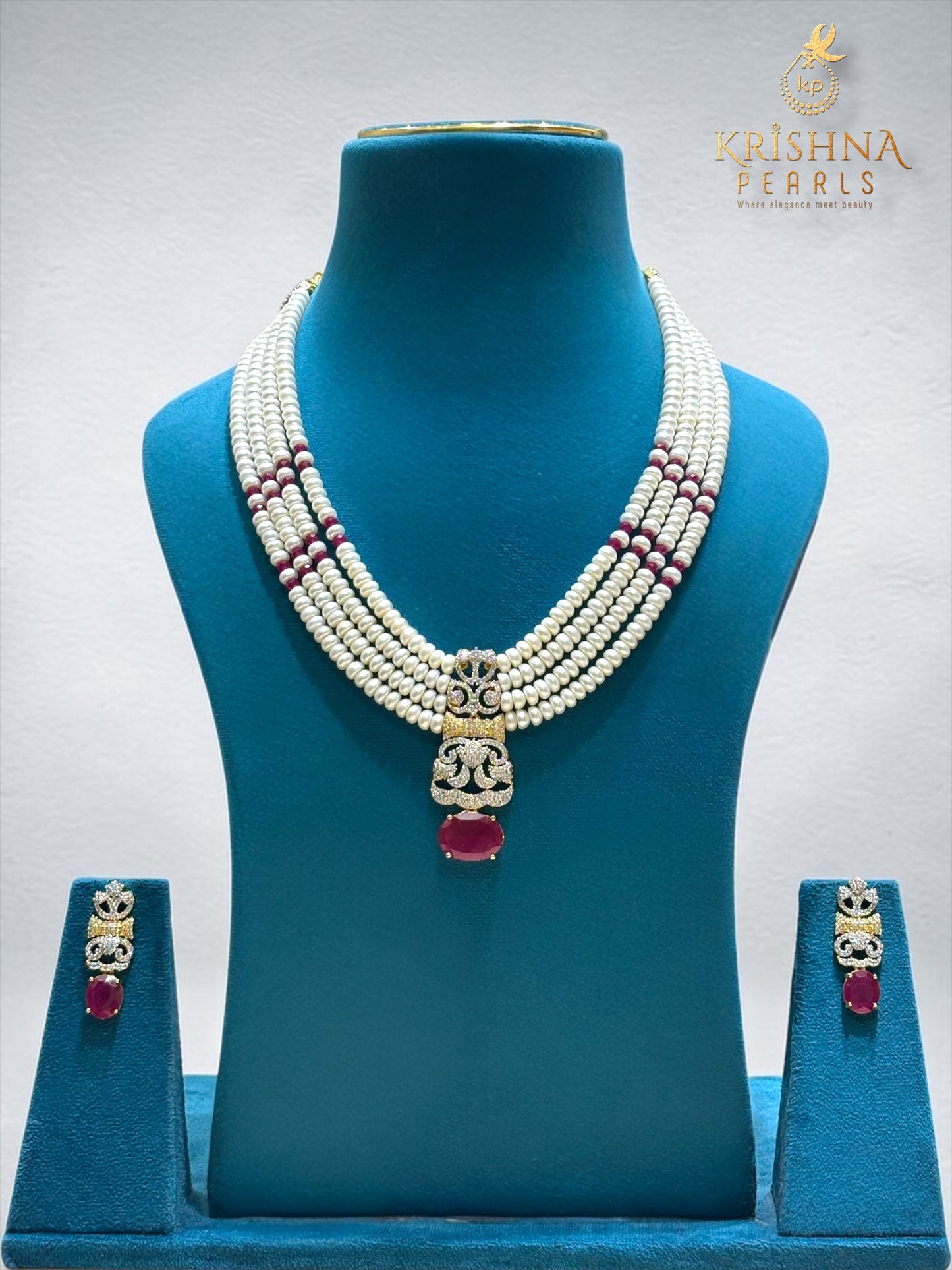 Real Pearls With Ruby Four Layers Necklace Set