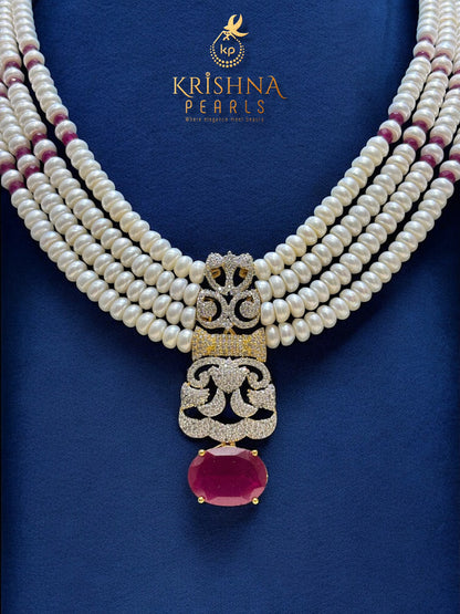 Real Pearls With Ruby Four Layers Necklace Set