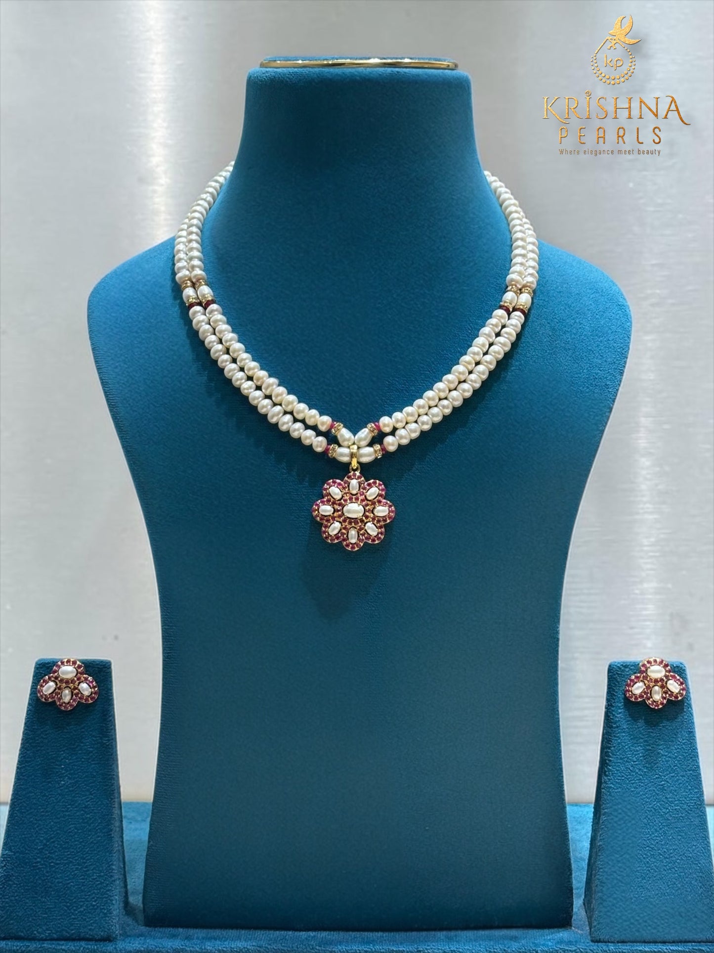 Traditional Ruby Pearls Necklace Set