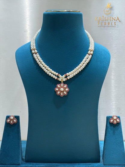 Traditional Ruby Pearls Necklace Set
