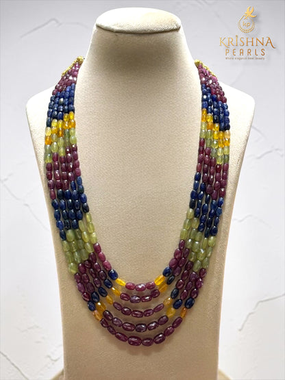 Real Multi Sapphire Cutting Five Layers (Ruby,Emeralds,Blue & Yellow Sapphires) Necklace