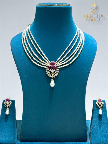 Authentic Rice Pearls With Ruby Studded Necklace Set