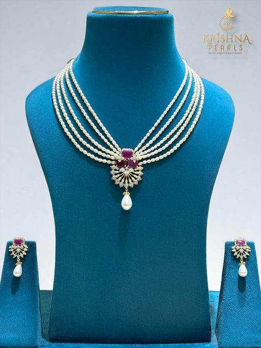Authentic Rice Pearls With Ruby Studded Necklace Set