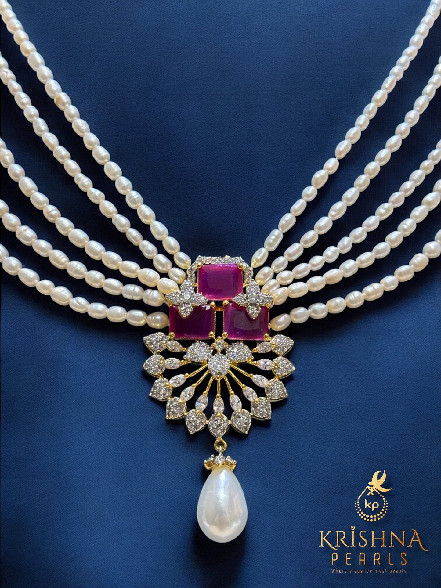 Authentic Rice Pearls With Ruby Studded Necklace Set