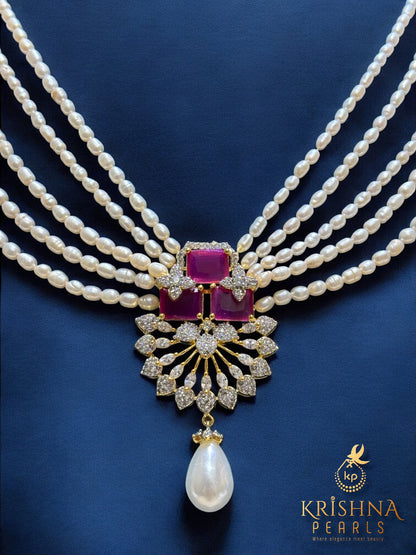 Authentic Rice Pearls With Ruby Studded Necklace Set