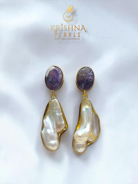 Amethyst Stone Studded With Baroque Pearl Hangings