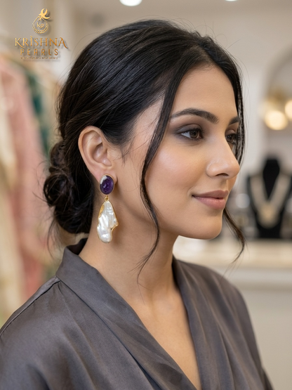 Amethyst Stone Studded With Baroque Pearl Hangings