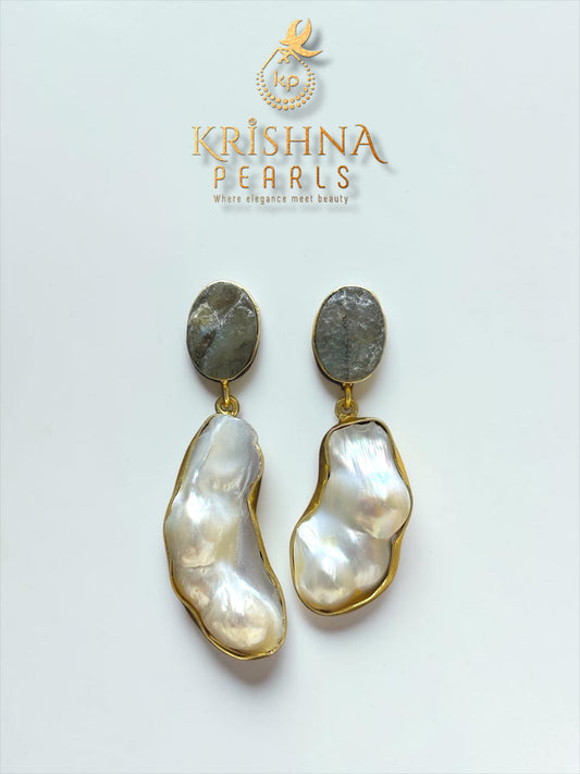 Baroque Pearl With Bornite Stone Studded Hangings