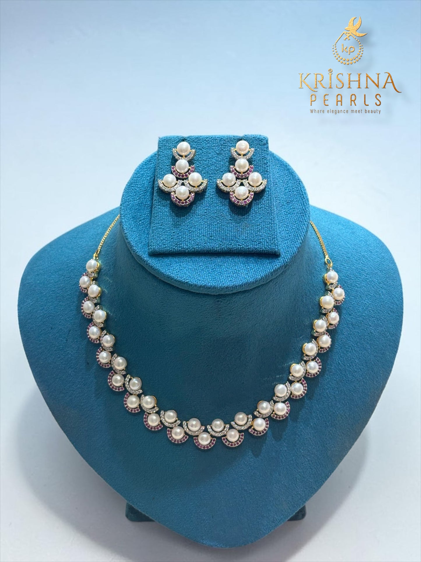 Adorable Button Pearls Red & White Stones Studded Necklace Set