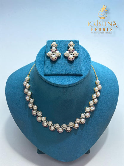 Adorable Button Pearls Red & White Stones Studded Necklace Set