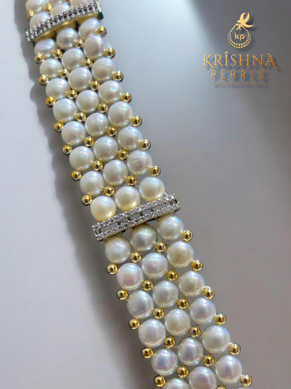 Authentic Button Pearls Three Layers Blue Sapphire Studded Rani Haar