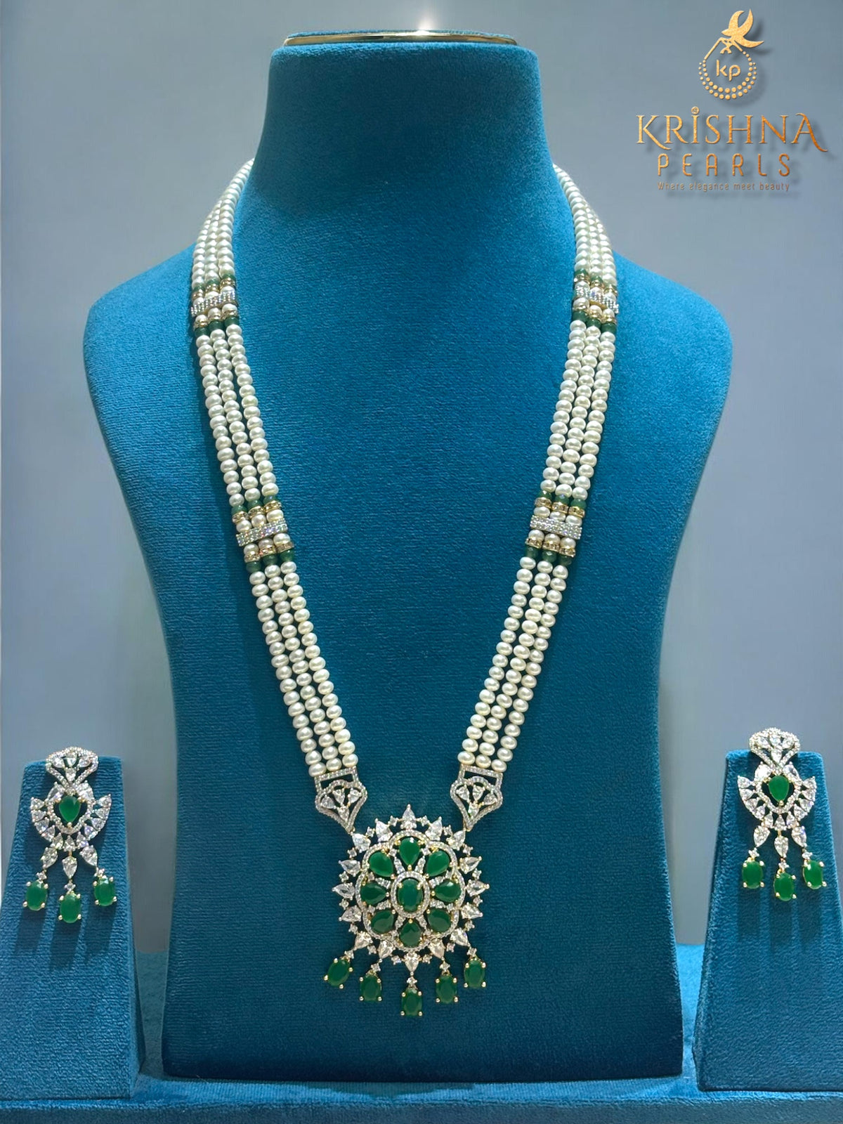 Exquisite Emerald Studded Long Pearls Necklace Set