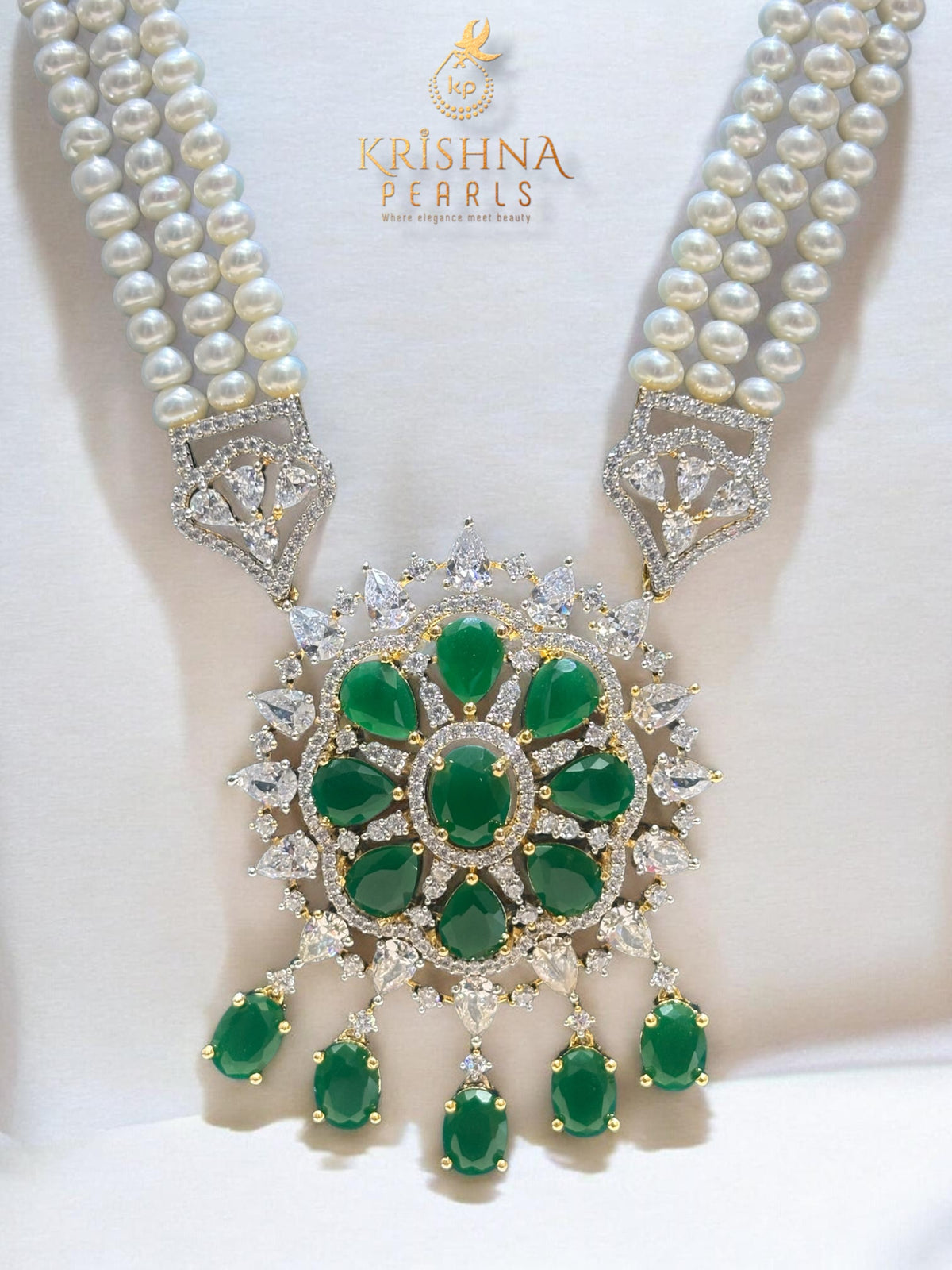 Exquisite Emerald Studded Long Pearls Necklace Set