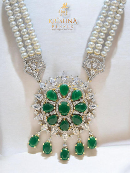 Exquisite Emerald Studded Long Pearls Necklace Set