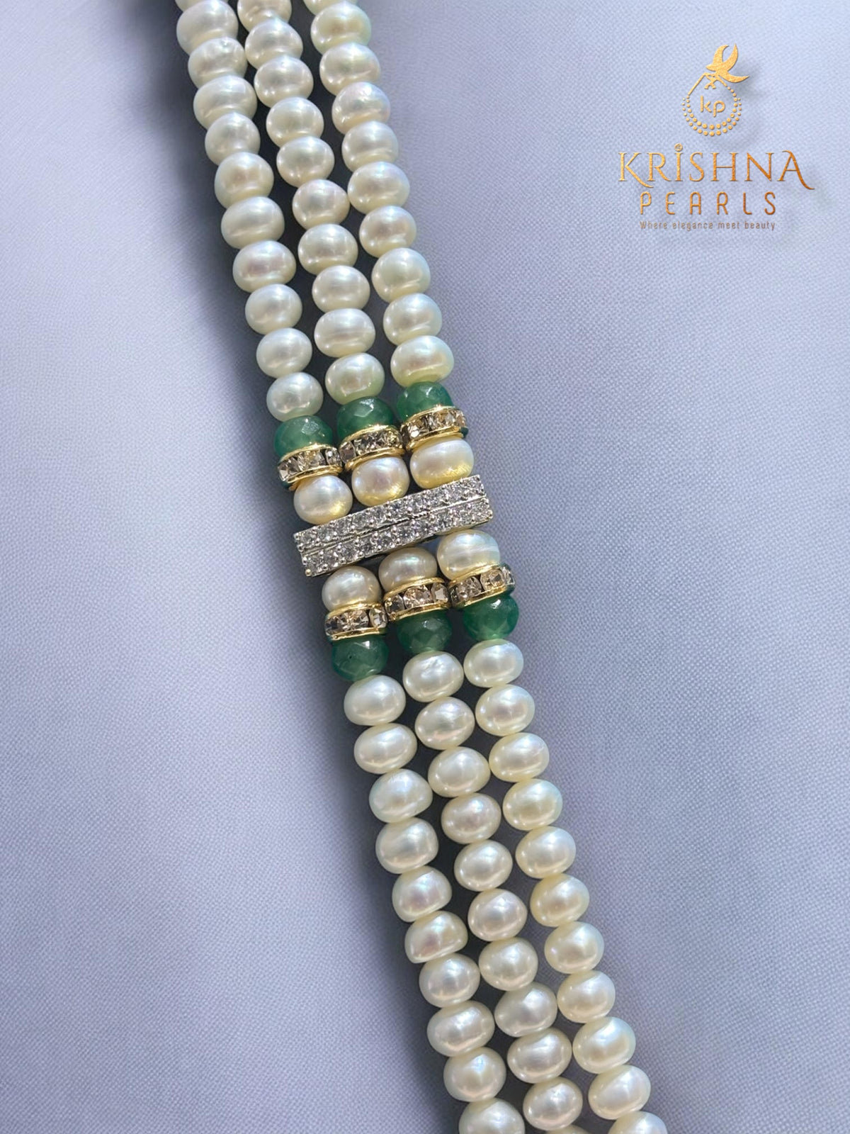 Exquisite Emerald Studded Long Pearls Necklace Set