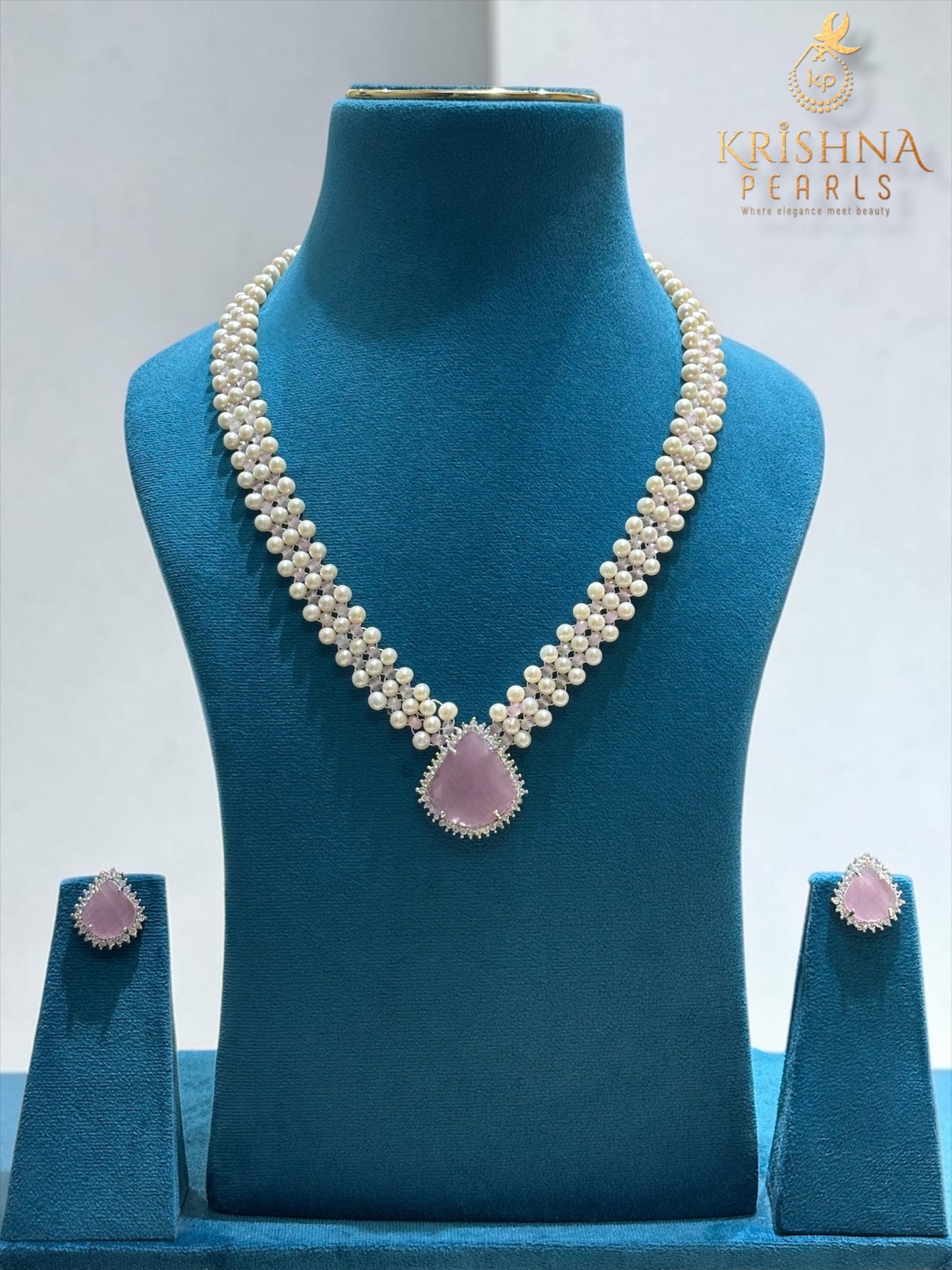 Beautiful Rose Quartz Studded Jali Work Pearls Necklace Set