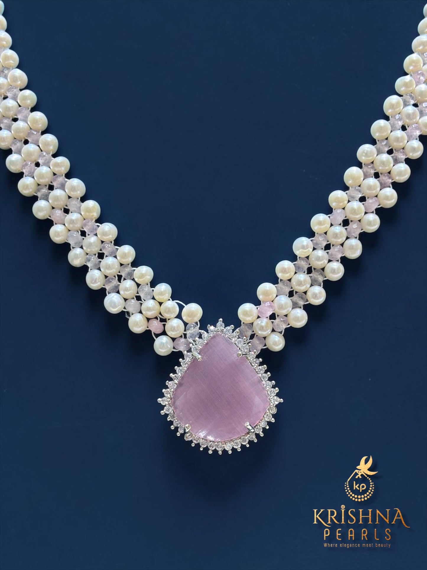 Beautiful Rose Quartz Studded Jali Work Pearls Necklace Set