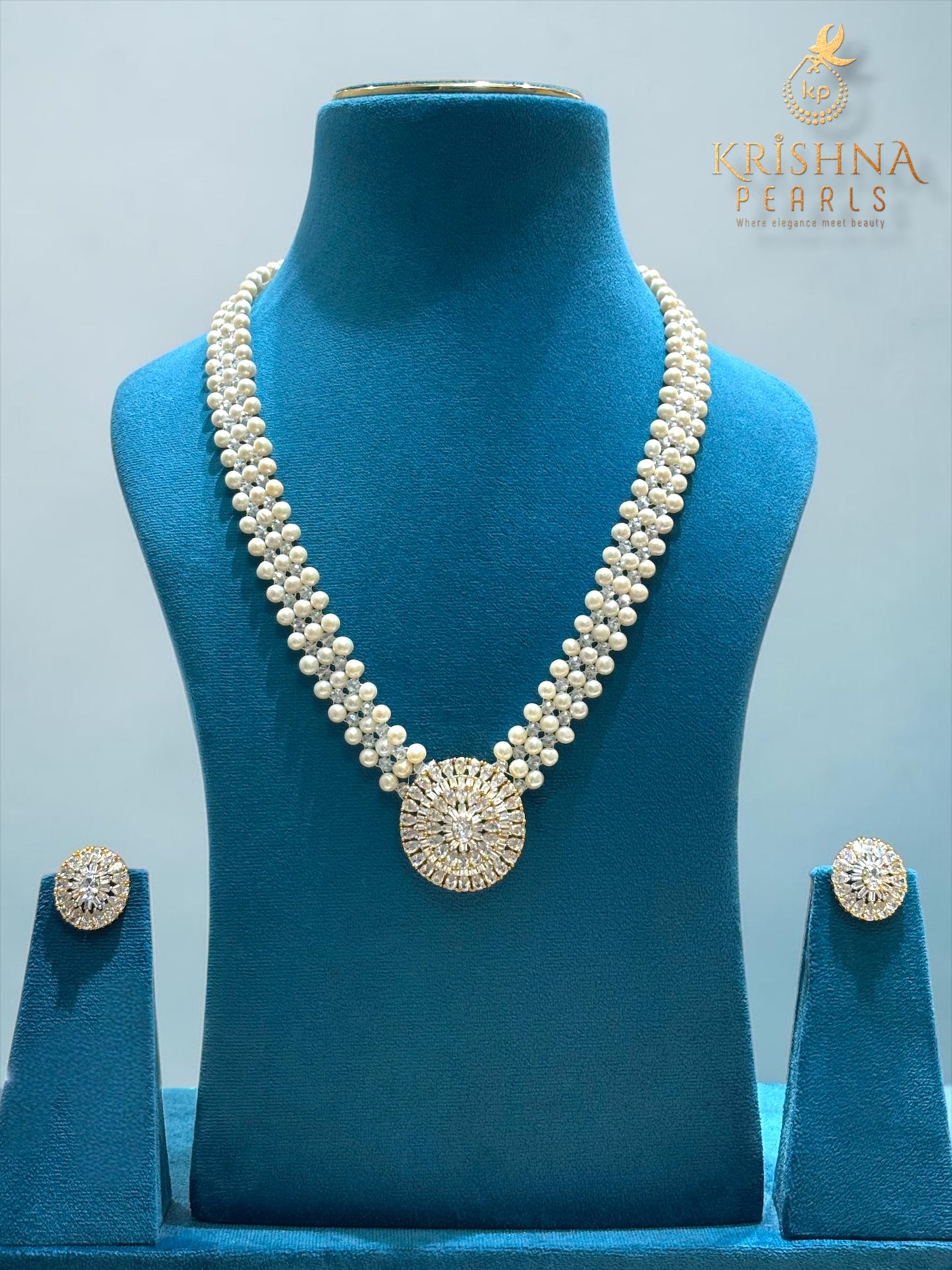 Beautiful CZ Studded Jali Work Pearls Necklace Set
