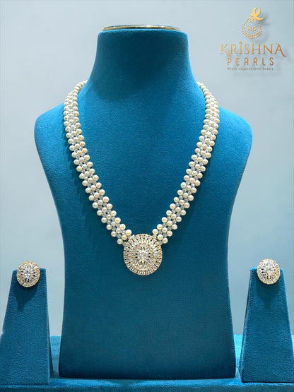 Beautiful CZ Studded Jali Work Pearls Necklace Set