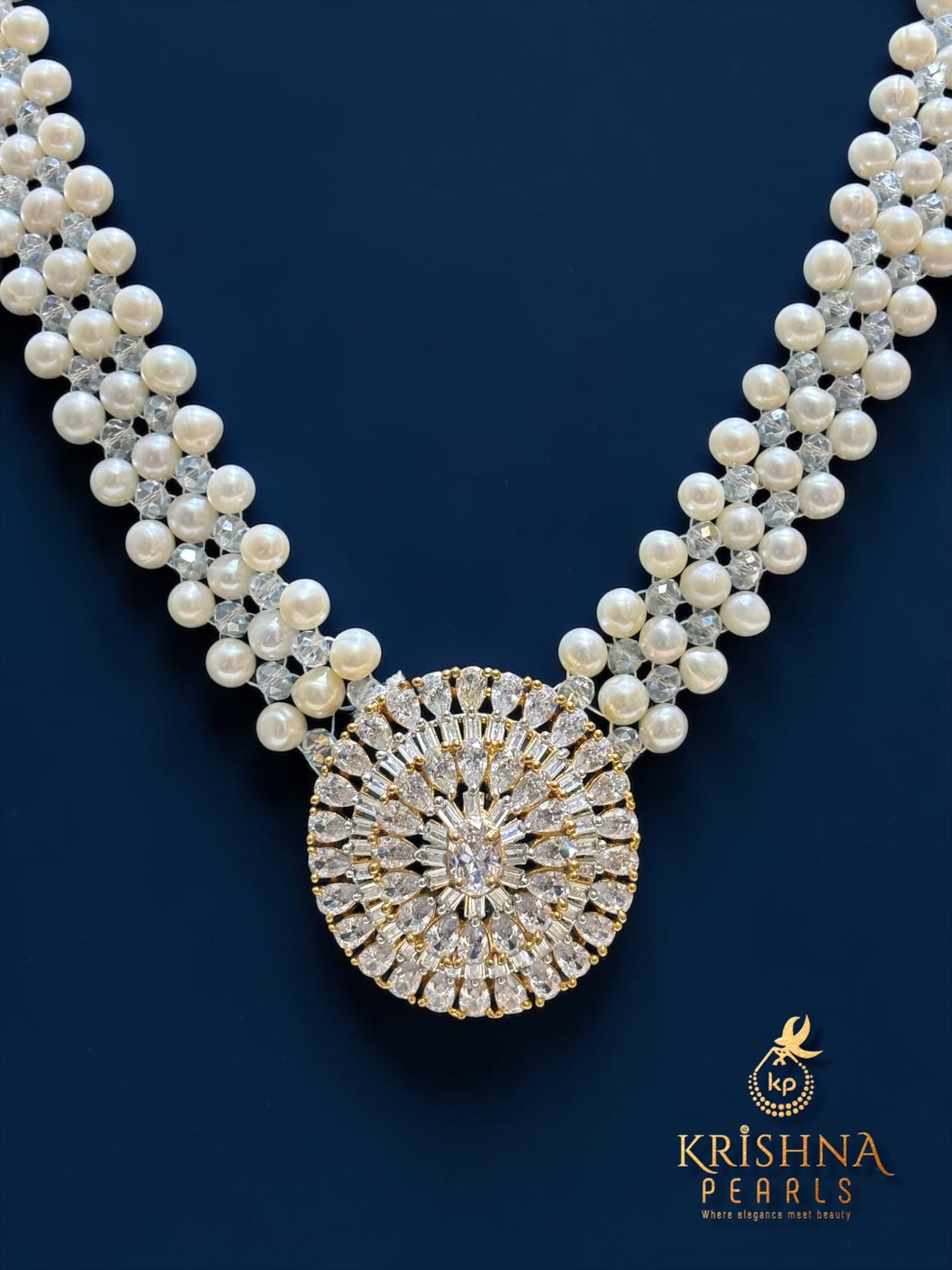 Beautiful CZ Studded Jali Work Pearls Necklace Set