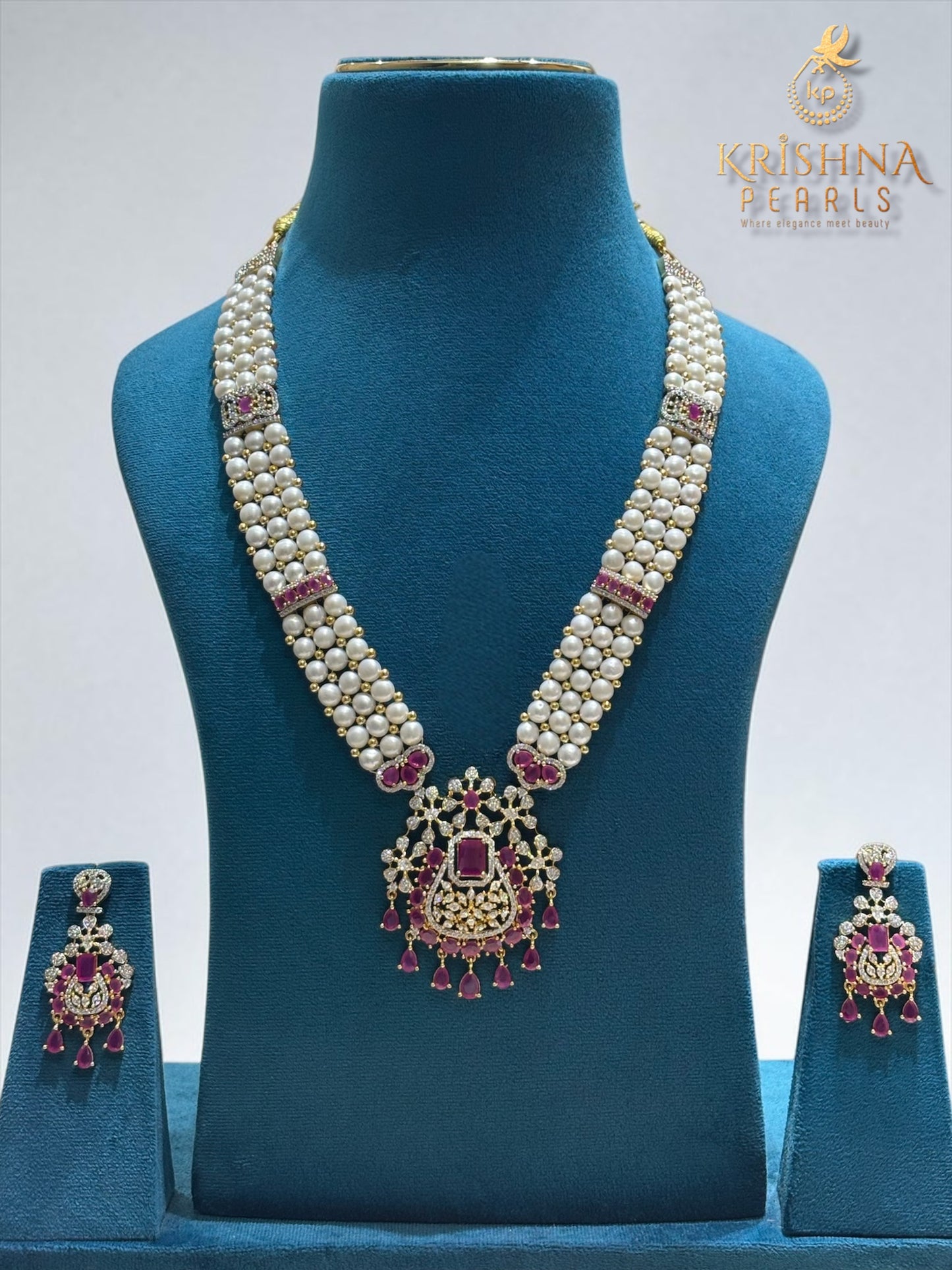 Authentic Button Pearls Three Layers Ruby Studded Rani Haar