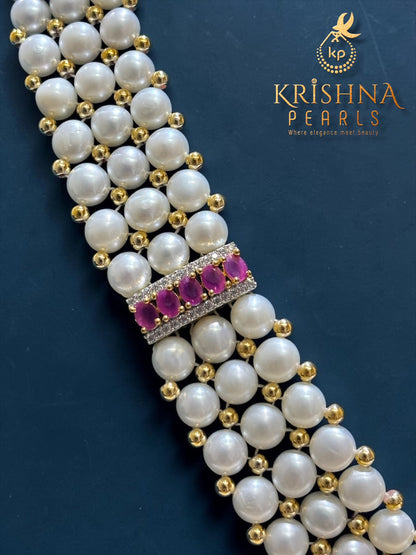 Authentic Button Pearls Three Layers Ruby Studded Rani Haar