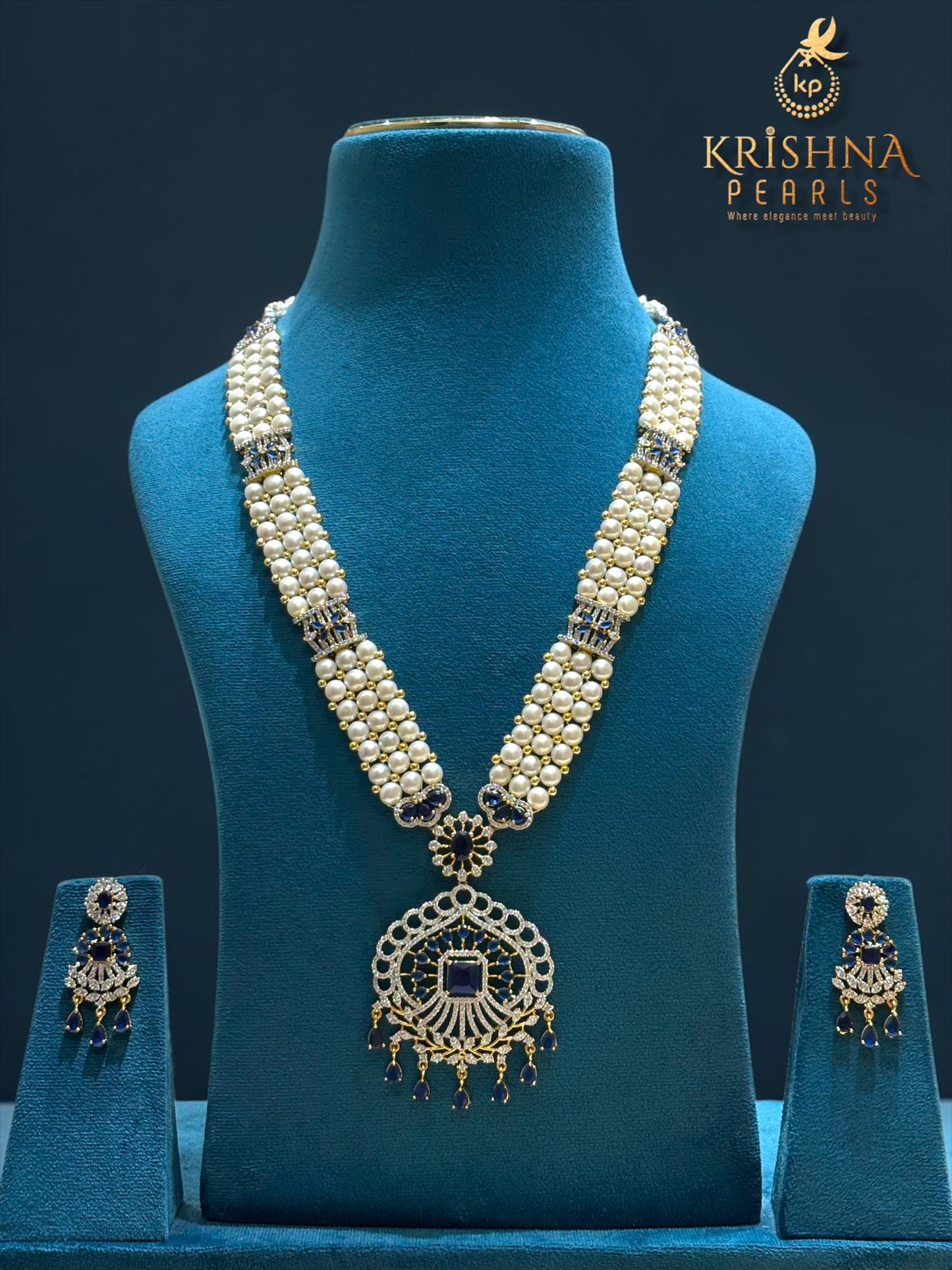 Royal Blue Sappire Studded Button Pearls Rani Haar Necklace Set