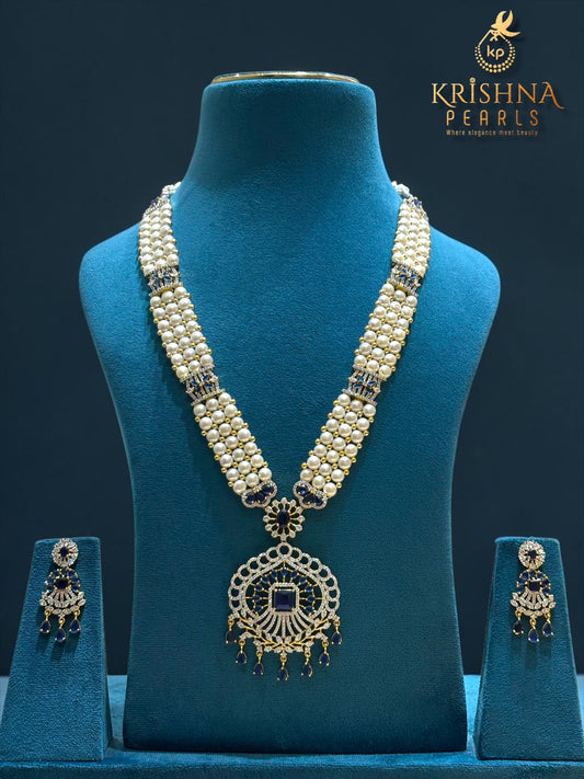 Royal Blue Sappire Studded Button Pearls Rani Haar Necklace Set