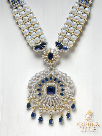 Royal Blue Sappire Studded Button Pearls Rani Haar Necklace Set