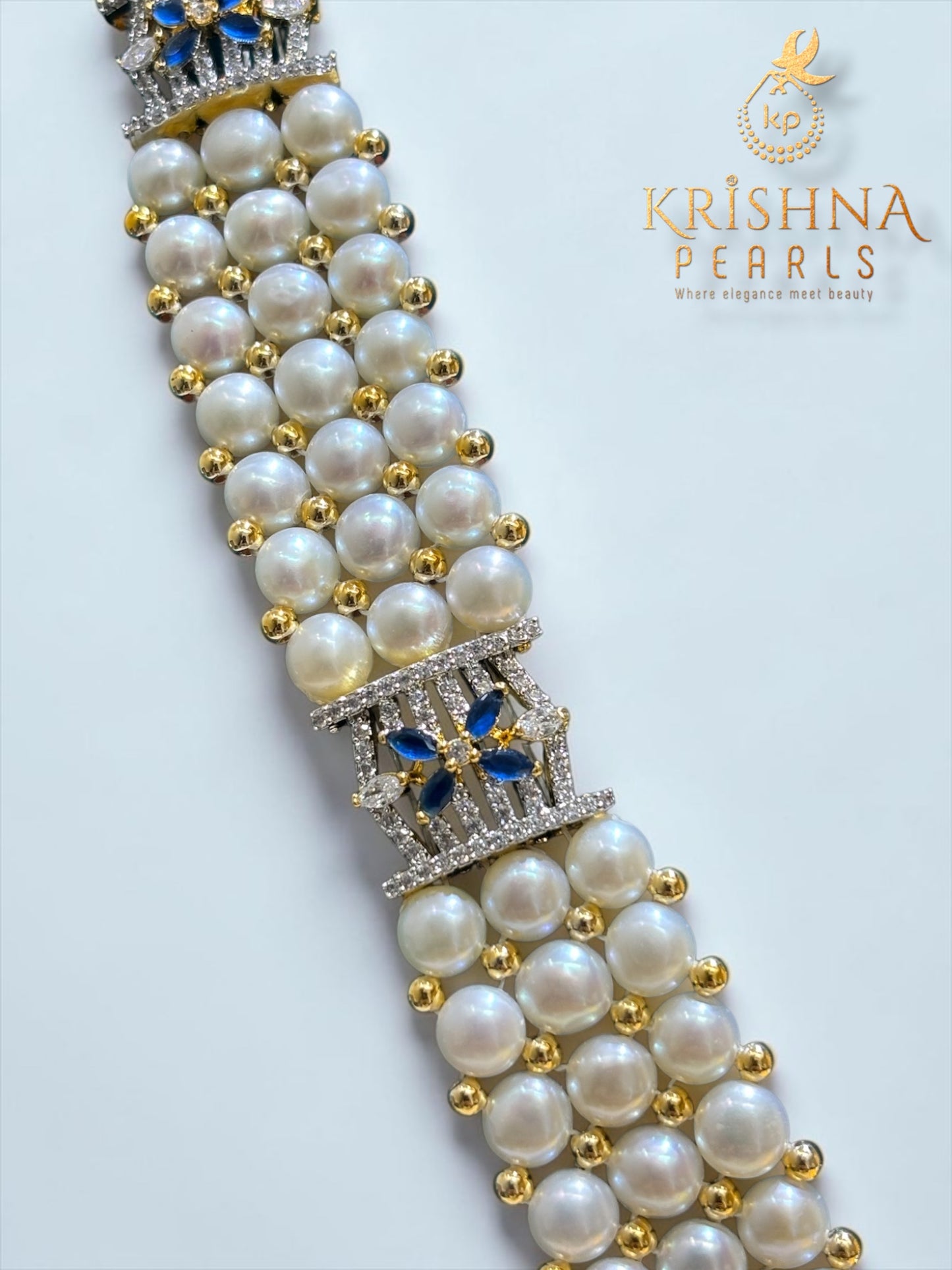 Royal Blue Sappire Studded Button Pearls Rani Haar Necklace Set