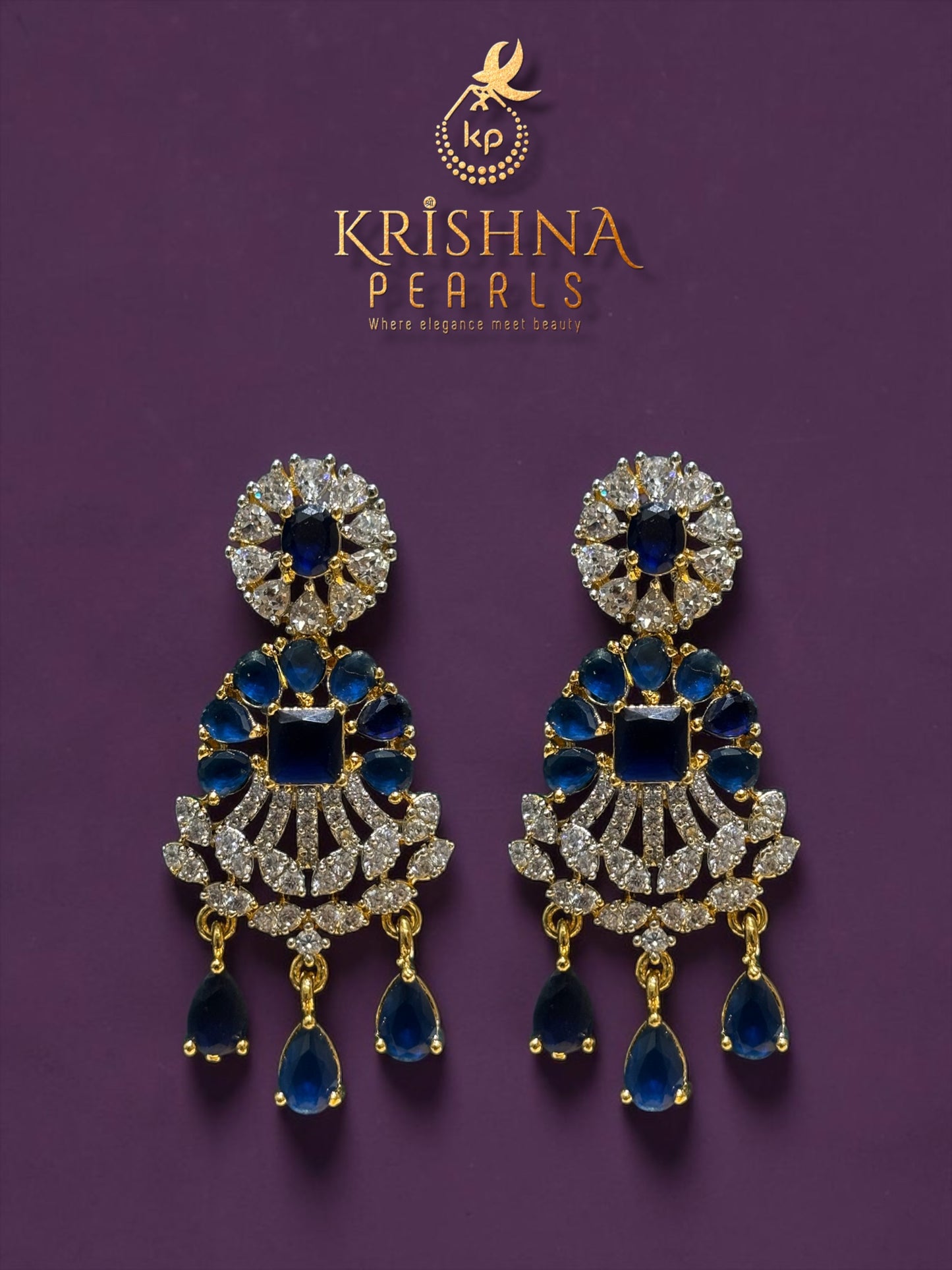 Royal Blue Sappire Studded Button Pearls Rani Haar Necklace Set