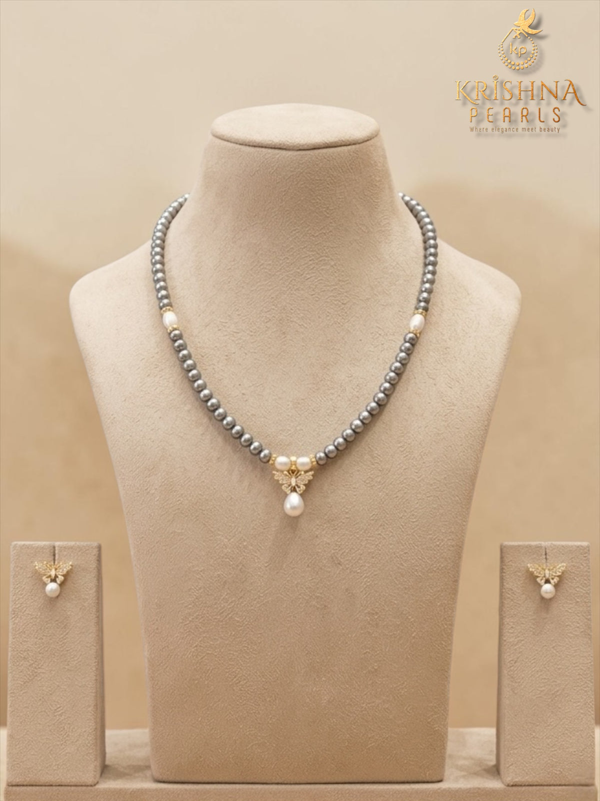 Beautiful Butterfly Grey Pearl Studded Pearls Combo Set ( Single Line Pendent Set With Finger Ring )