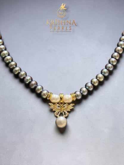 Beautiful Butterfly Grey Pearl Studded Pearls Combo Set ( Single Line Pendent Set With Finger Ring )